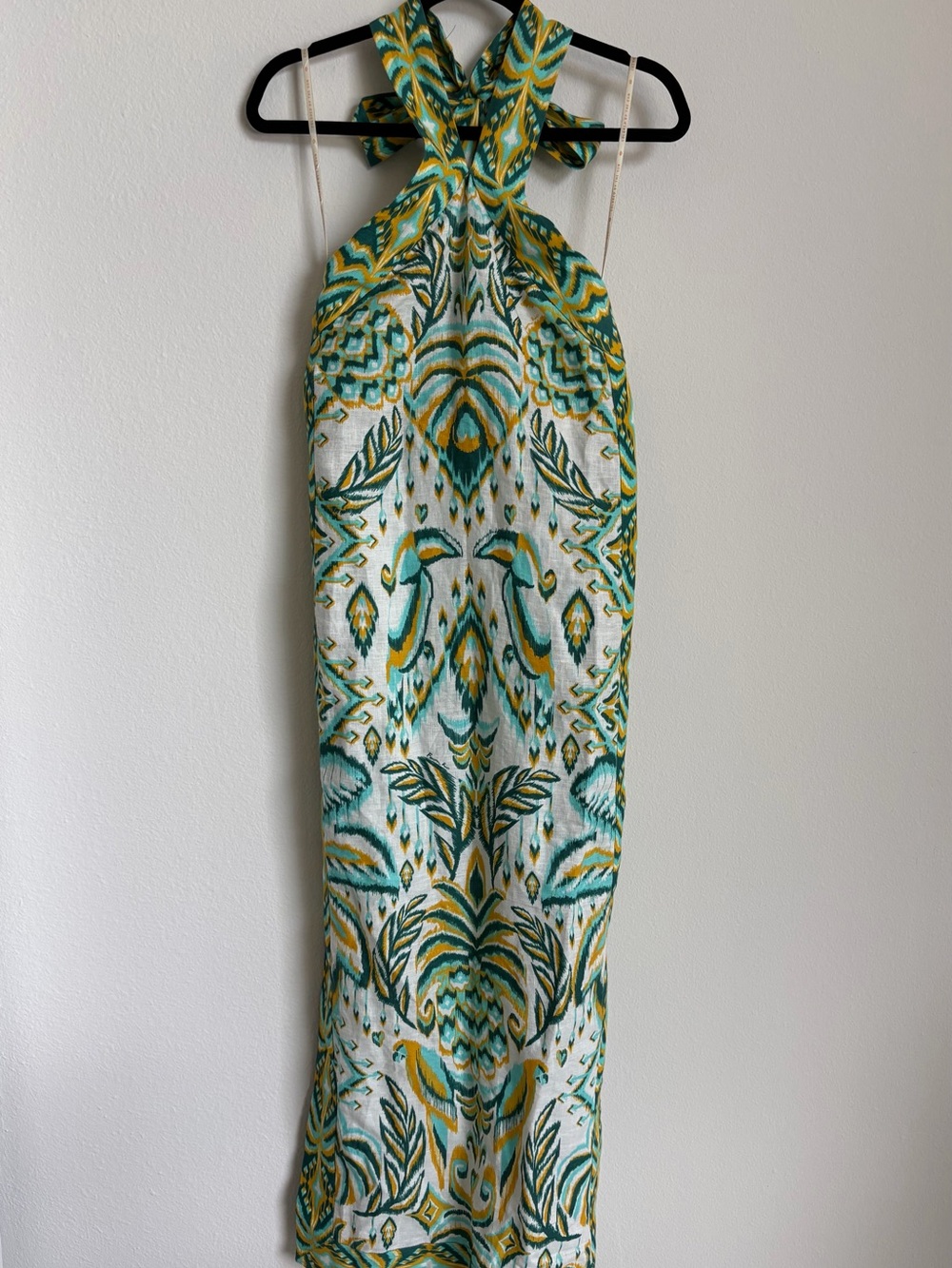 FARM Rio Teal, Yellow & White Patterned Halter Midi Dress